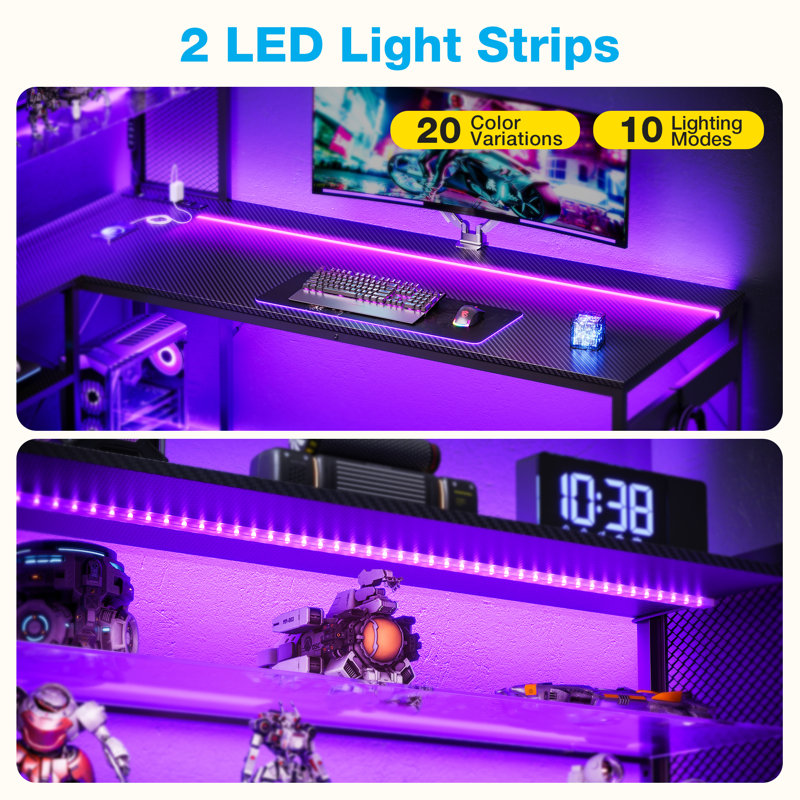 Reversble L-shaped Desk With Large Glass Display Storage Shelves, Computer Desk With Power Outlet, Gaming Table With Led Lights And Versatile Hook