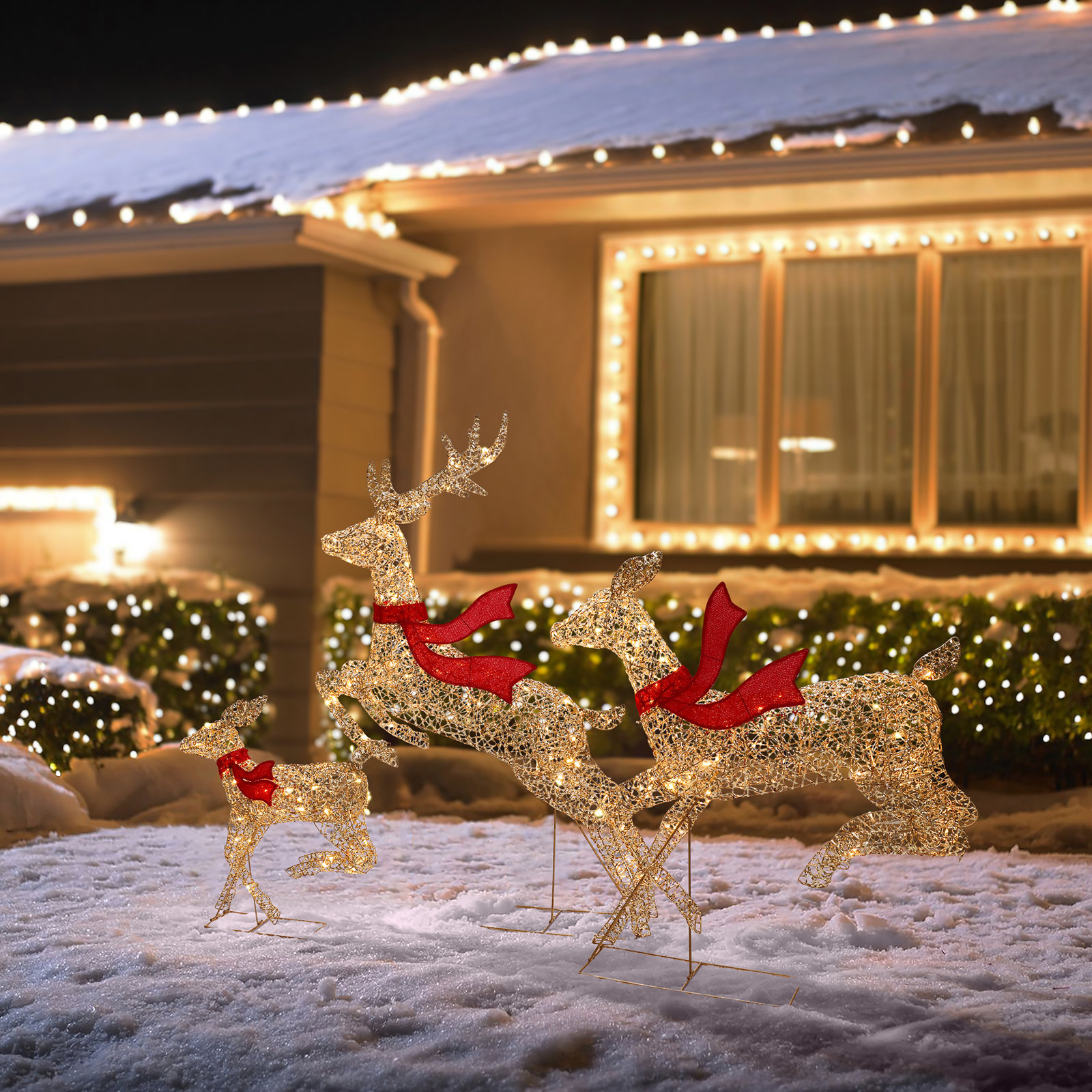 Natural and Rattan Running Reindeer Holiday Decoration Set with Lights, 54.33in H x 37.6in W x 10.43in D, Gold/Red