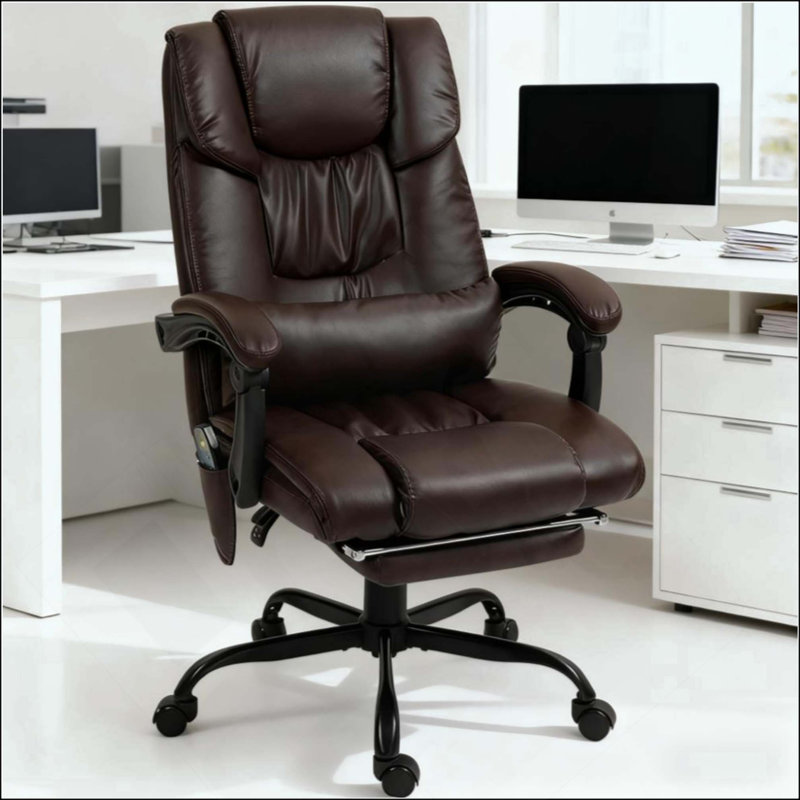 Fauteuil de bureau inclinable à haut dossier, fauteuil de massage à 6 points vibrants avec repose-pieds et télécommande, Brun
