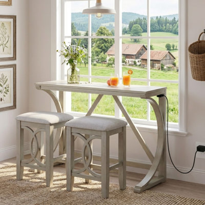 Rustic 3-Piece Counter Height Dining Set with Built-In USB Charging, Ideal for Small Kitchens and Apartments