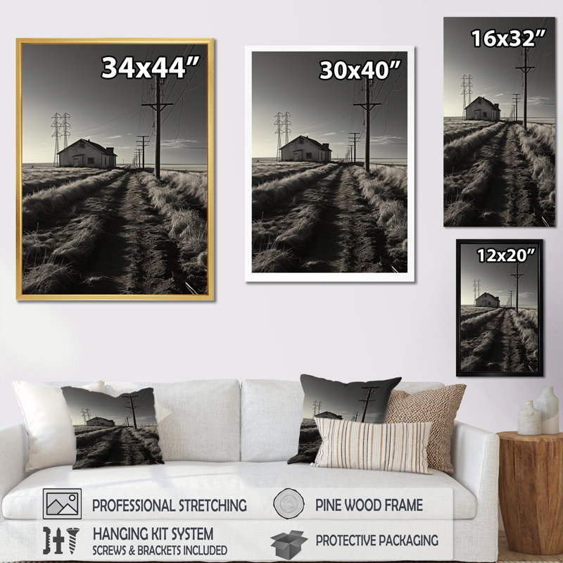 Horizon de lignes électriques noir et blanc sur toile, H 32 po x l 16 po x P 1 po, Cadre simple noir