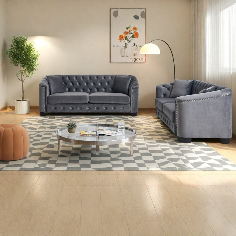 Ensemble de canapés Chesterfield gris en velours, salon moderne capitonné à 6 places