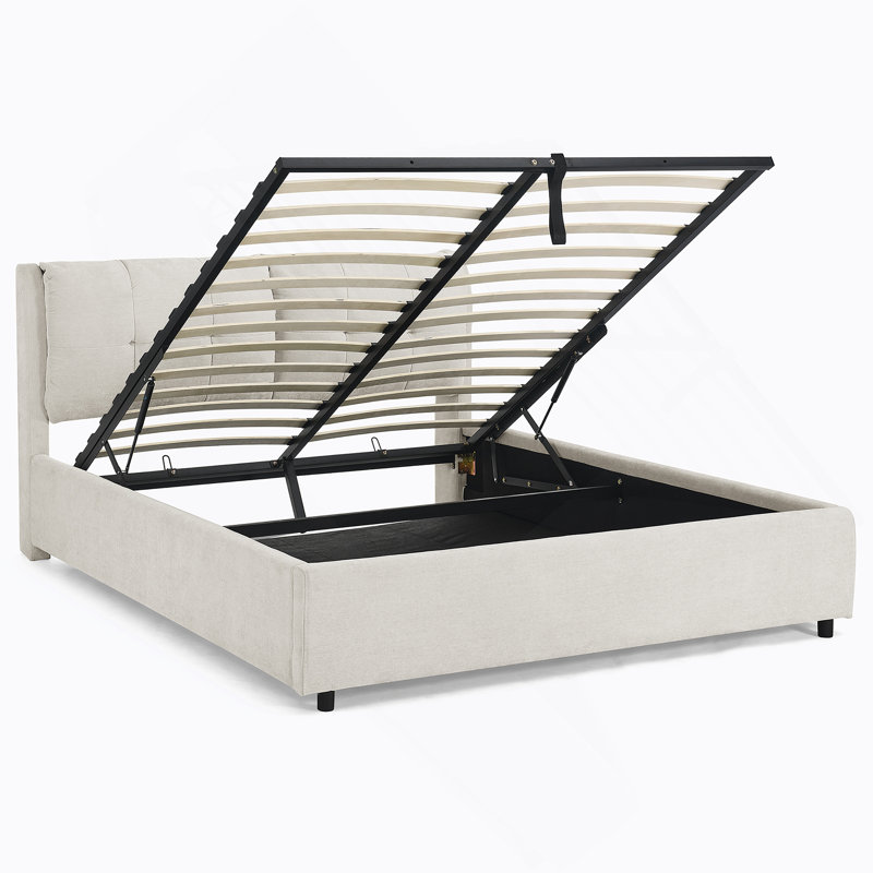 Grand lit plateforme tapissier hydraulique avec tête de lit intégrée, Grand