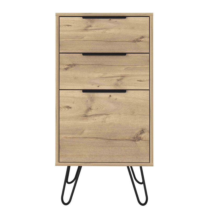 Commode légère Augusta, pieds en épingle à cheveux, plateau supérieur, trois tiroirs