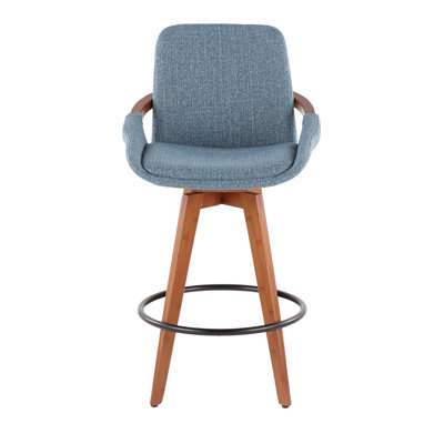 Tabouret de comptoir Mid-Century en noyer avec revêtement en tissu bleu | Idée de cadeau