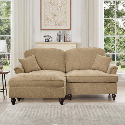 Élégant canapé Mid-Century modulaire à deux places en forme de L avec accoudoirs évasés, volants amovibles et pieds fuselés, causeuse en chenille confortable avec repose-pieds mobile