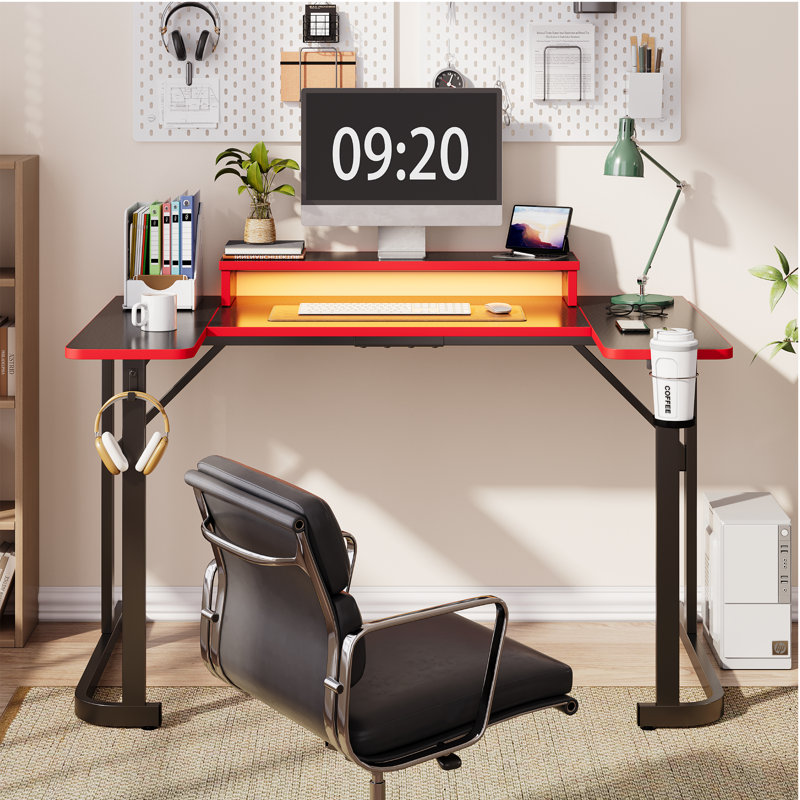 Monike 51“/59” U-Shaped Computer Desks with LED Lights, Gaming Desks with Monitor Stand, Headphone Hook and Cup Holder