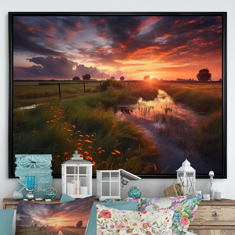 «A Single Tree Glorious Sunset In Flanders Fields», reproduction sur toile, Cadre flottant noir, H 24 po x l 32 po x P 1 po