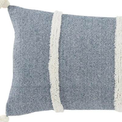 14" X 26" Blue And White Lumbar Weave Cotton Throw Pillow with Tassels