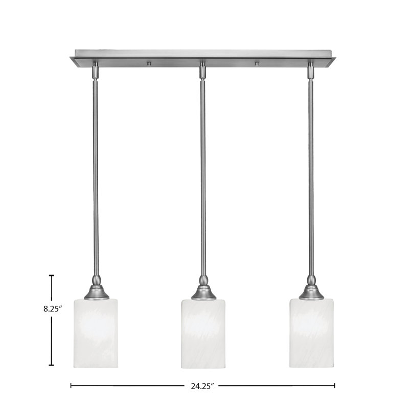 3 Light Stem Hung Linear Pendalier Shown With 4" Glass, 8" H x 24.25" W x 4" D, White Marble, Brushed Nickel