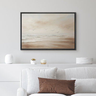 «Seagulls Over Misty Shoreline», reproduction d'art sur toile encadrée, paysage côtier avec plage et oiseaux