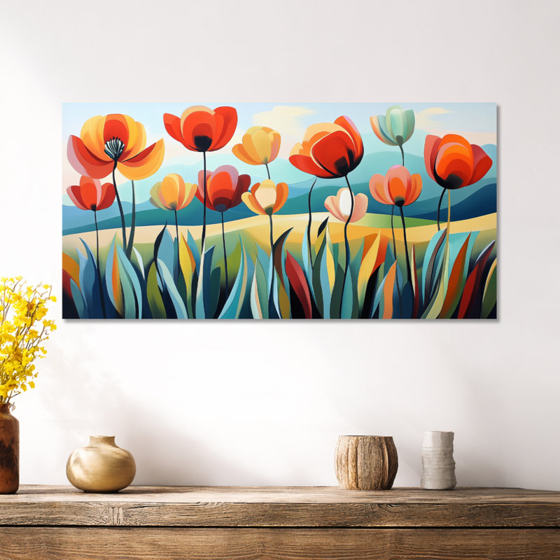 Ryker III orange - bleu, impression encadrée botanique, décoration murale rétro, H 16 po x l 32 po, Toile tendue