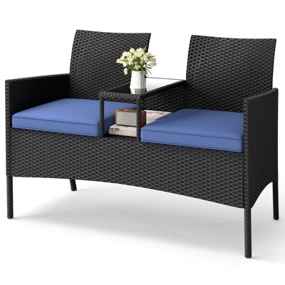 Patio Loveseat With Built-in Table Soft Cushions & Tempered Glass Tabletop by Costway