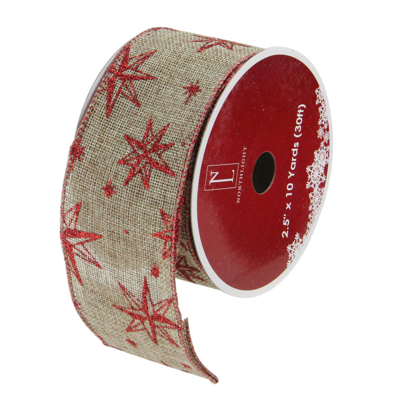 Rubans d'artisanat de Noël rouge et beige à étoile filaire - 2,5 po x 120 verges