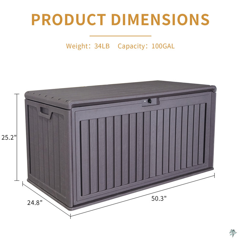 Boîte de rangement pour terrasse en plastique imperméable 100 gallons avec poignées latérales, boîtes de rangement verrouillables