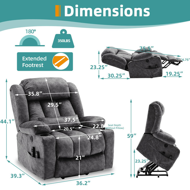 Latitude Run Oversized Dual Motor Lay Flat Power Lift Recliner Chair For Elderly With Heat Massage, Large Sleeping Electric Recliner With Extended Footrest, Lumbar Pillow, Usb & Type-C Ports, Plush