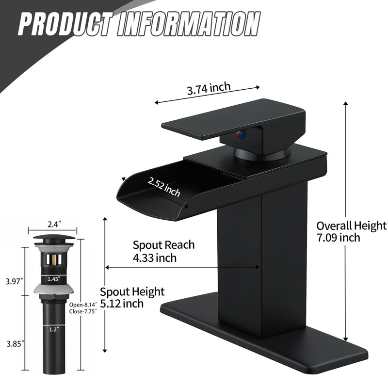 Robinet de salle de bains monotrou avec ensemble de drainage, Noir mat