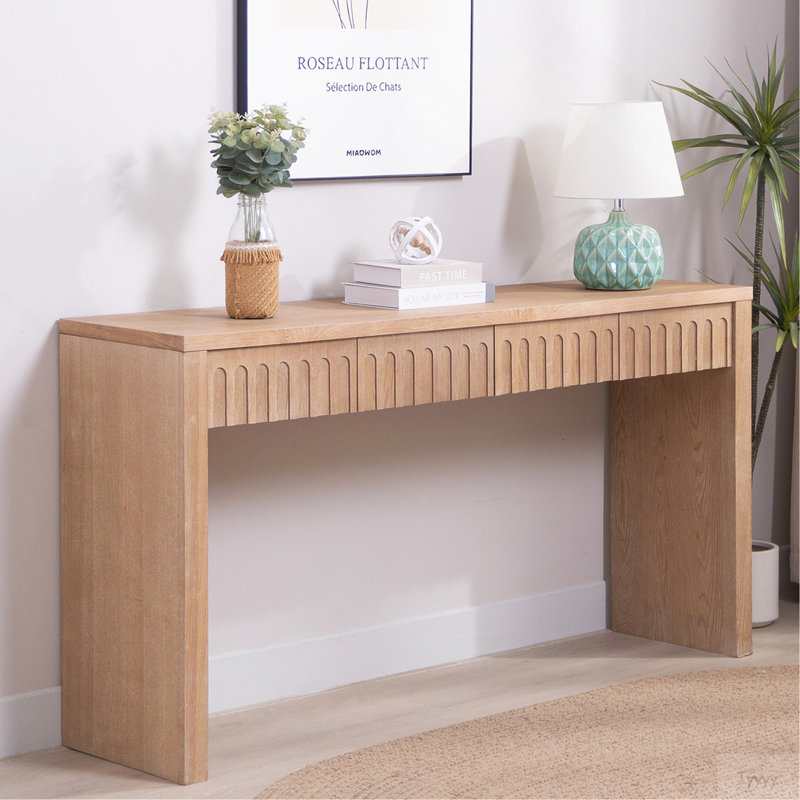 Console moderne à 4 tiroirs - Table d'entrée de 59,2 po au fini bois naturel, Naturel