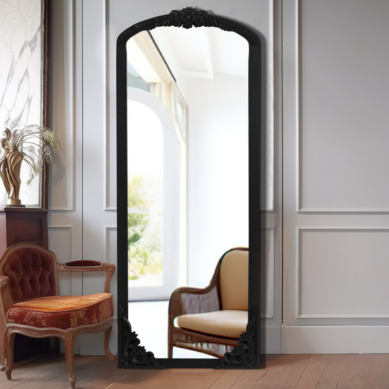 Anjulie Arch Solid Wood Mirror Ornate Mirror Wall Mirror Retro Mirror with Carved Frame, 69" x 30", Black