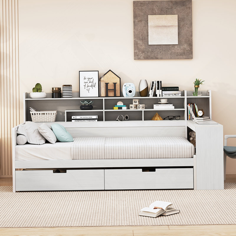 Lit de jour simple en bois avec tablettes de rangement, lit multifonctionnel avec deux tiroirs de rangement, Blanc antique