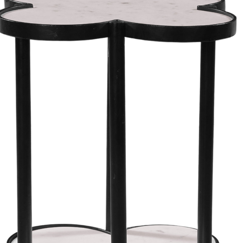Table de bout Anaiyah, plateau en trèfle en marbre véritable blanc avec structure en fer noir