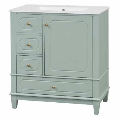 Meuble-lavabo autoportant de 30 po avec lavabo en céramique, cadre en bois massif, porte à fermeture en douceur, 3 tiroirs, panneau de fibres à densité moyenne peint et bois d'hévéa, tablettes de rangement incluses