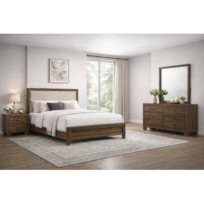 Modern Upholstered Panel Bedroom Set with Fabric in Brown