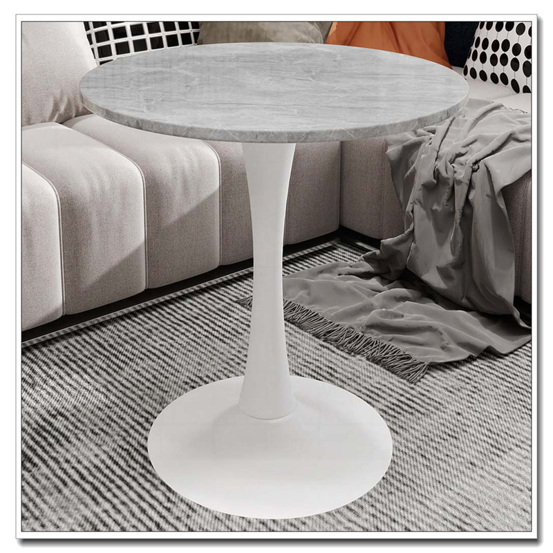 Wood Round Dining Table With Pedestal Base,Coffee Table, Gray Marble, White