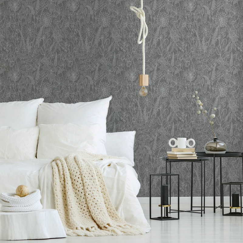 Tesfai Floral Motif Design 10m x 53cm Wallpaper Roll, Black/Silver