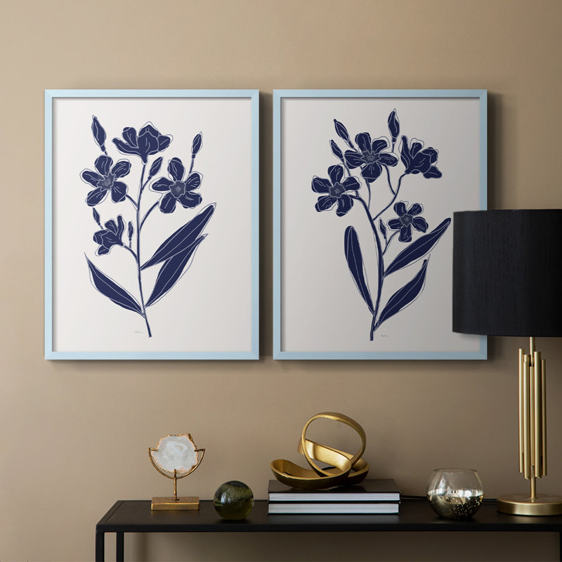 «Indigo Botanical Study I», reproduction encadrée de qualité supérieure - prête à être accrochée - aucun clou requis - aucun clou requis