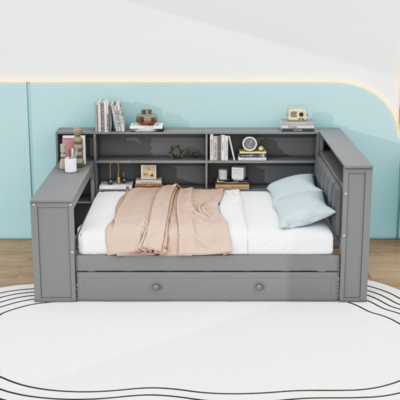 Lit de jour double avec couchette, tablettes et ports de charge, Gris