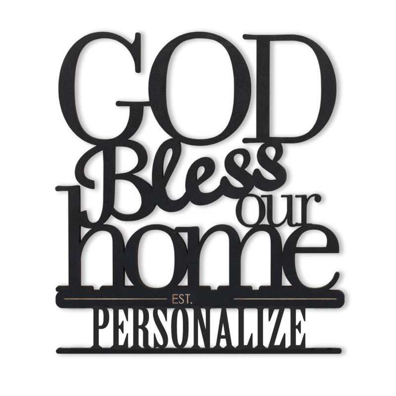 God Bless Our Home, art mural spirituel sur plaque avec nom de famille et année sur bois noir rustique