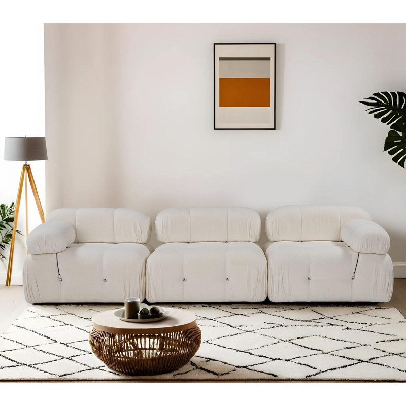 Modern 3-Seat Sofa, White Fabric, 114.2 x 37.4 x 29.5 inches | BEECH WOOD & CHIPBOARD Frame | 100% Polyester, Detachable Back & Arms | 28 DNS Foam for Soft Comfort | Easy-Clean Fabric, Stylish Home Living