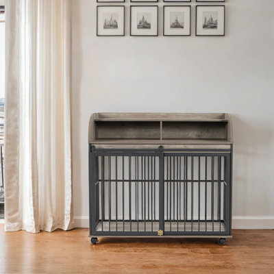 Meuble de rangement robuste pour chien de 44 po avec roulettes verrouillables, cage pour chien en bois, cage de table de bout avec rangement double couche