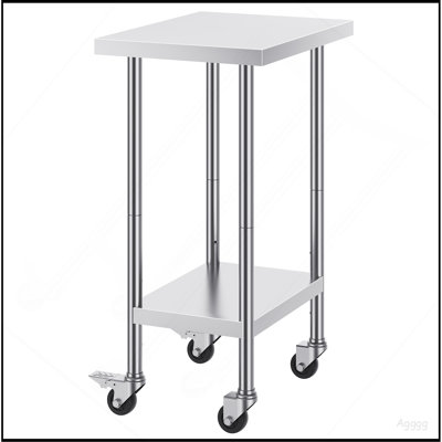 Stainless Steel Work Table 24 x 18 x 38 Inch, with 4 Wheels, 3 Adjustable Height Levels, Heavy Duty Food Prep Worktable for Commercial Kitchen Restaurant, Silver