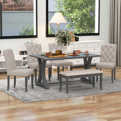 Shanequah 6-Piece Farmhouse Dining Table Set, Rectangular Trestle Table and 4 Upholstered Chairs & Bench for Dining Room,dining room set,dinning table set