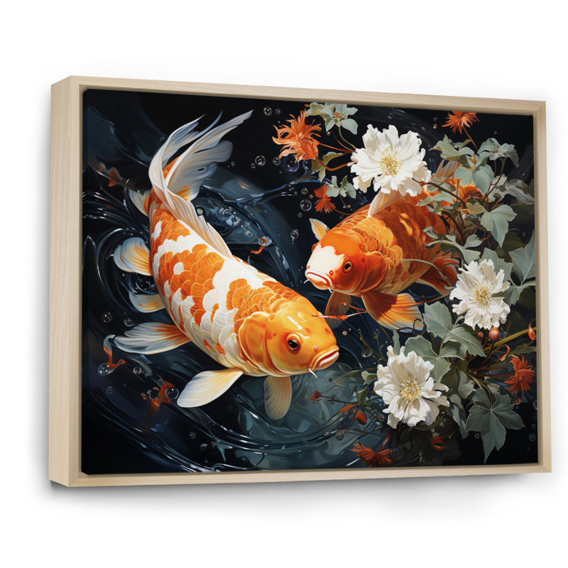 Asian Art Koi Dance II - reproduction d'art, H 30 po x l 40 po x P 1,5 po, Cadre naturel flottant