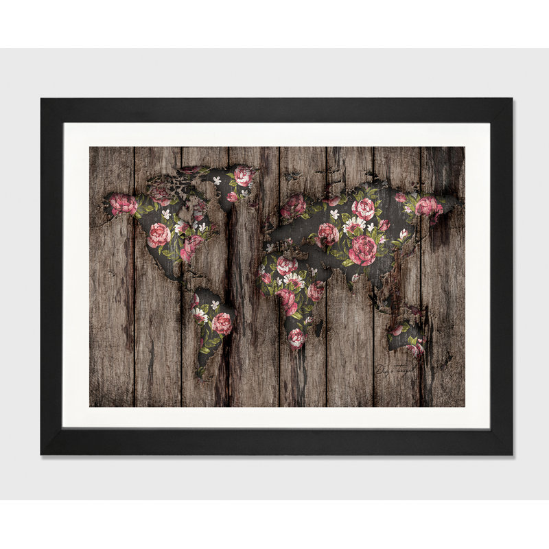 « mapamundi à fleurs en bois », reproduction, H 24 po x l 32 po x P 1 po, Papier encadré noir