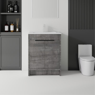 Meuble-lavabo autoportant de 30 po avec lavabo, tiroir en céramique, contreplaqué, gris