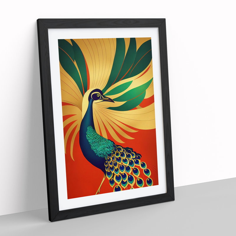 Peacock Art Deco No.1 - Single Picture Frame Print, 46cm H x 34cm W x 2cm D, Black Framed
