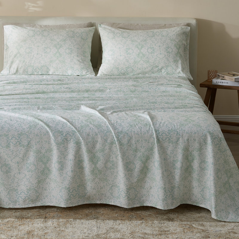 100% Cotton Vintage Floral Printed Flannel Sheet Set, Full Sheet Set + 1 Fitted Sheet + 2 Pillowcases, Floral - Aqua