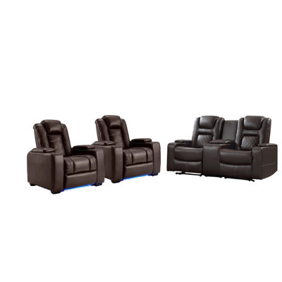 Kyrene 3-Piece Modern Stylish Faux Leather Power Reclining Home Theater Seating Set – Two Dual Motor Recliner Chairs & Elegant Loveseat With USB Ports, Cup Holders & Storage