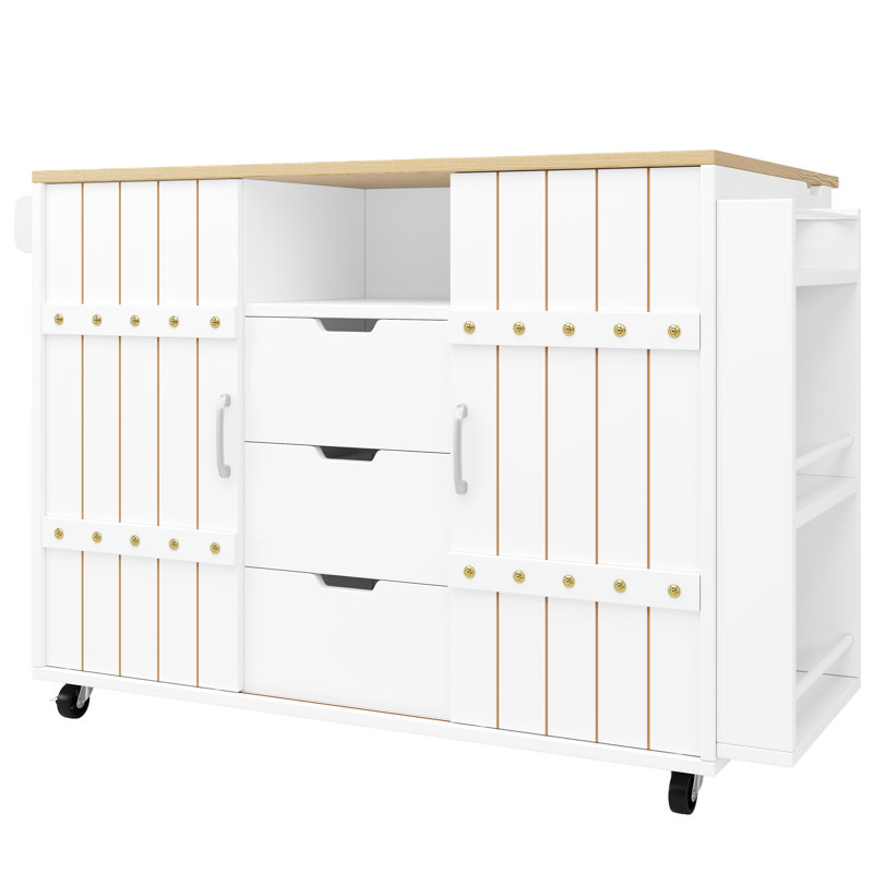 Kitchen Island With 3 Drawers And 2 Sliding Doors, White