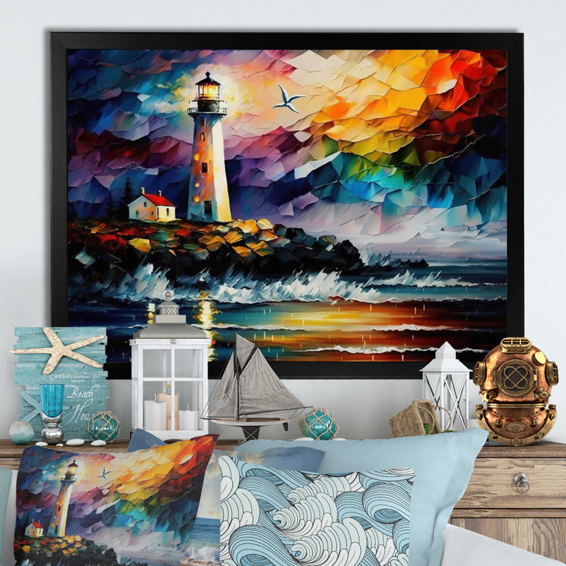 Phare par l'océan V - art mural Coastal Light House, H 12 po x l 20 po x P 1 po, Cadre simple noir