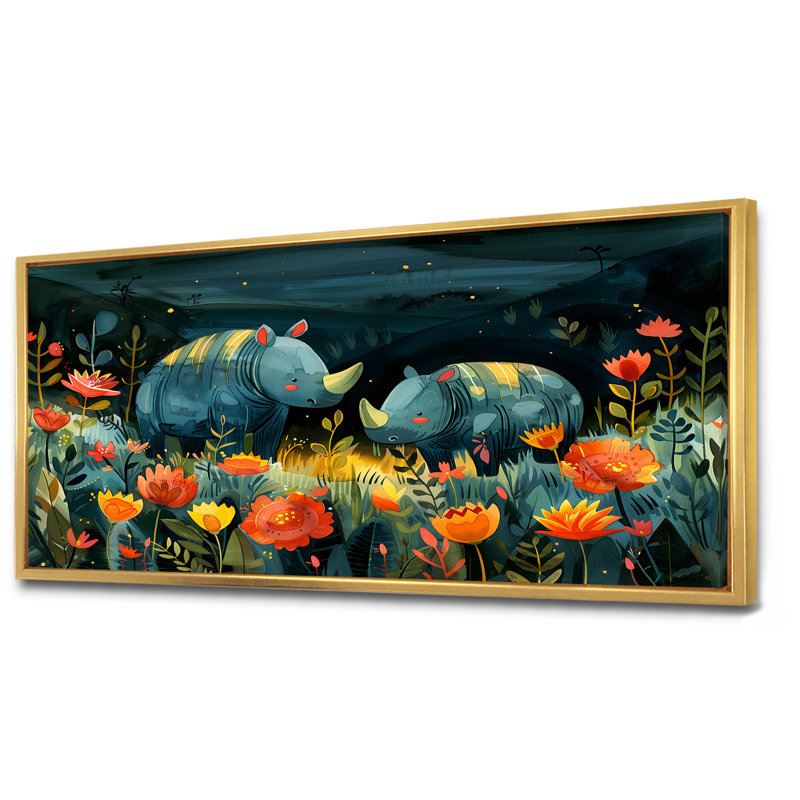 «Teeya - Rhinoceros Animal», reproduction d'art murale, Cadre flottant doré, 12" H x 20" W
