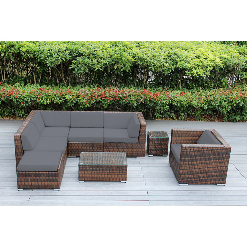 Ensemble de conversation en osier pour 6 personnes avec coussins - aucun assemblage, Supercrylic gris