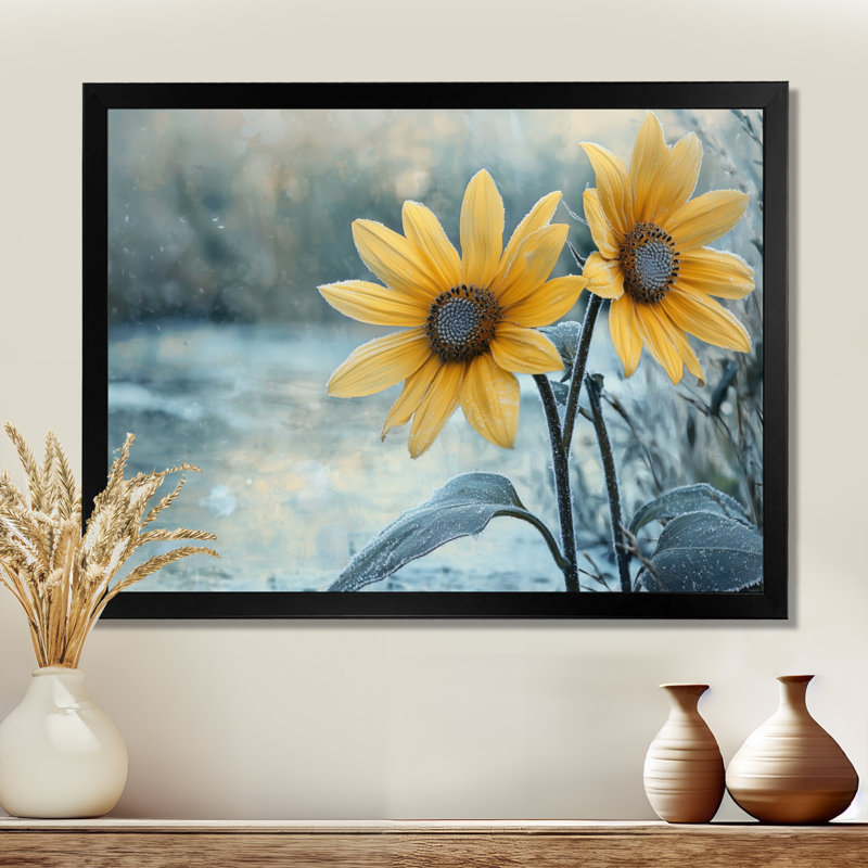 «Doneva Sunflowers By The Frozen Pond II» - Art mural tournesols, Reproduction encadrée d'une seule photo, H 30 po x l 40 po