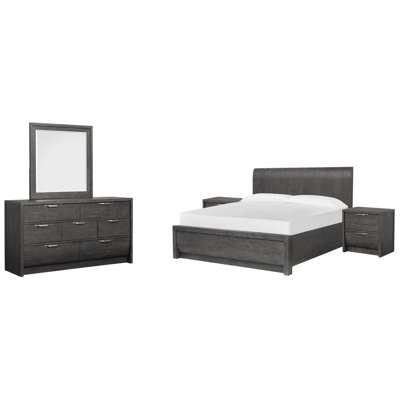 Très grand lit à panneau 2 tables de chevet et commode à tiroirs avec miroir Portrait Seibert