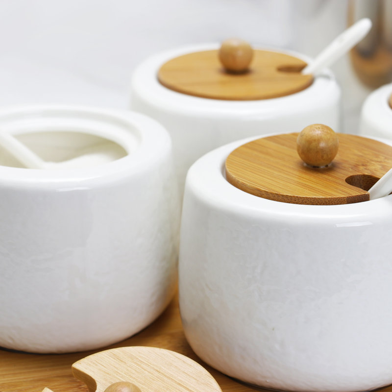 White Ceramic Spice Jars with Bamboo Lids and Tray