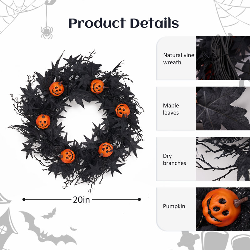 20" Artificial Handcrafted Pumpkin & Maple Leaves Halloween Joleen with Lights